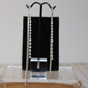 Elegant Rhinestone Chain Dangle Earrings Silver-Tone Finish Approx 4.5" Drop